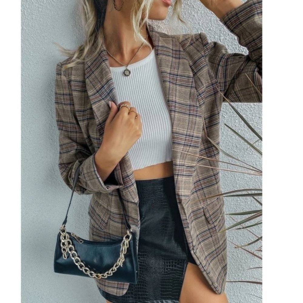 Plaid Flap Detail  Shawl Collar Blazer Jacket work office Business Chic - Picture 13 of 16